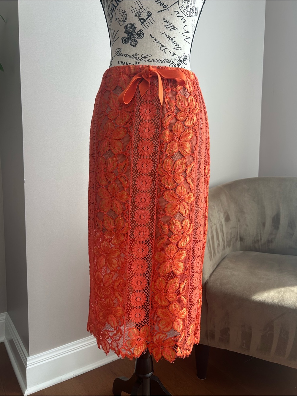 Tracy Reese Orange Floral Lace Midi Pencil Skirt XS Ribbon Tie